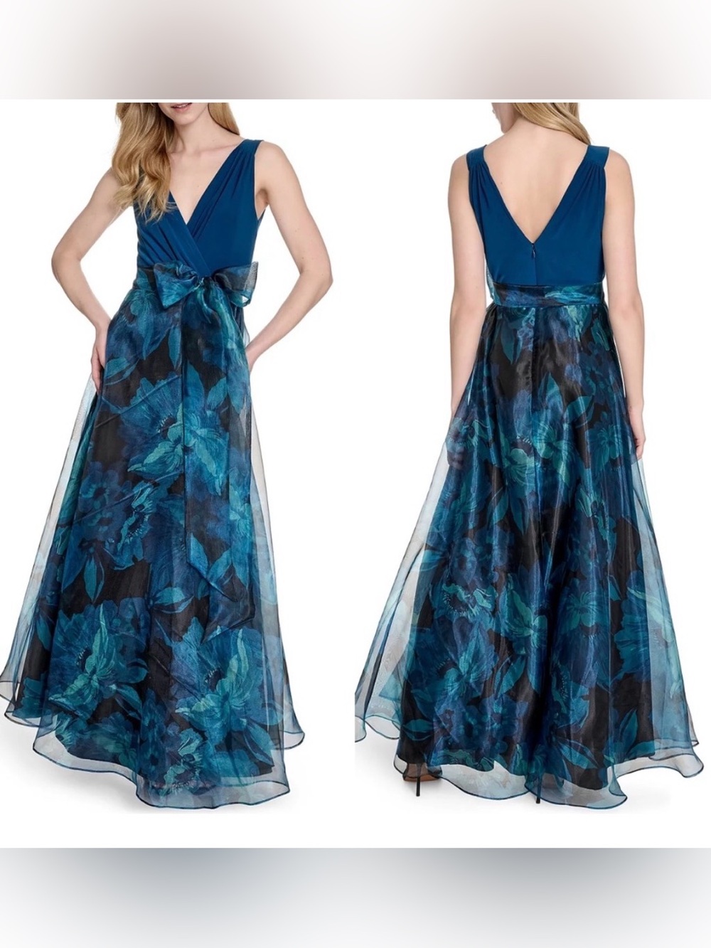 NWT! Eliza J V-Neck Sleeveless Turquoise Blue Organza Gown. Size 20W. - Picture 5 of 6